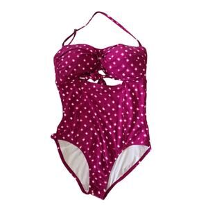 Ann Taylor LOFT Beach One Piece Swimsuit Size 14 Pink White Cutout Bandeau Adj